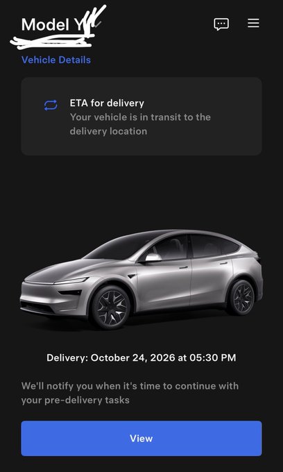 A Tesla vehicle delivery app screen showing 'Model Y' under 'Vehicle Details', with ETA information and delivery scheduled for October 24, 2026 at 05:30 PM.