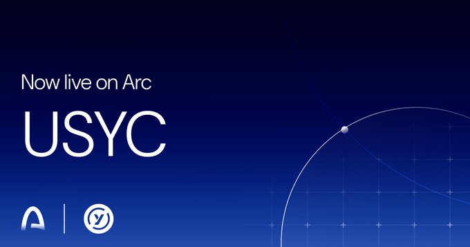 A promotional graphic with a dark blue background announcing 'Now live on Arc USYC' alongside two logos at the bottom.