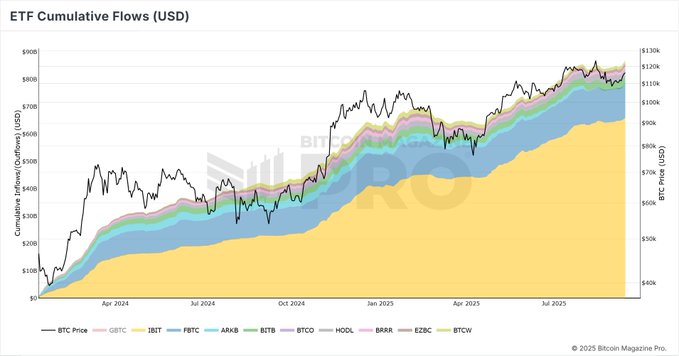 Financial chart titled 'ETF Cumulative Flows (USD)' from Bitcoin Magazine Pro showing BTC price and cumulative inflows/outflows for major Bitcoin ETFs (IBTC, FBTC, ARKB, BITB, BTCO, HODL, BRRR, EZBC, BTCW) from April 2024 to July 2025.
