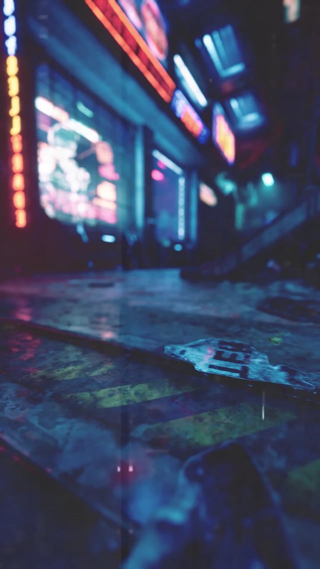 The image shows a close-up view of an object with a metallic sheen, possibly a piece of machinery or a gadget. The background features neon lights that create a vibrant atmosphere, likely representing a cityscape at night. The focus on this specific object in the foreground and the surrounding environment creates a sense of depth and intrigue within the image.