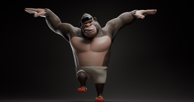 A 3D rendered gorilla character wearing sunglasses and orange sandals strikes a wide-armed pose against a dark background.