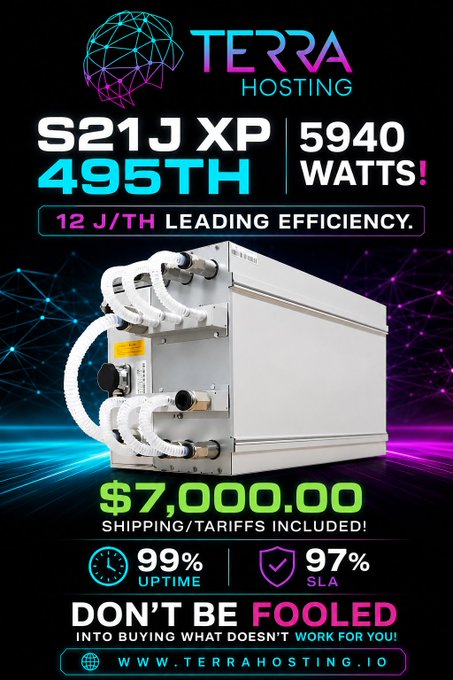 An advertisement for Terra Hosting promoting a Bitmain S21J XP 495TH Bitcoin miner with 12 J/TH efficiency, priced at $7,000.00 with shipping and tariffs included, featuring 99% uptime and 97% SLA.