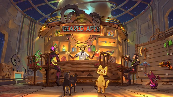A digital illustration depicting a steampunk-style bar called 'GEARED APES' with a bartender ape serving drinks to various anthropomorphic animal patrons, including cats and dogs, in an industrial setting.