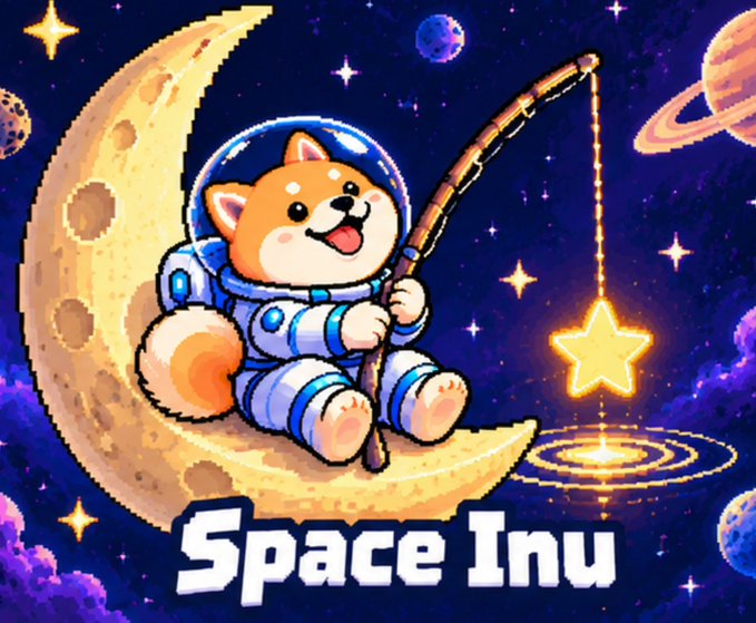 Digital artwork of a Shiba Inu dog dressed as an astronaut sitting on a crescent moon, fishing for a star, with the text 'Space Inu' displayed at the bottom.