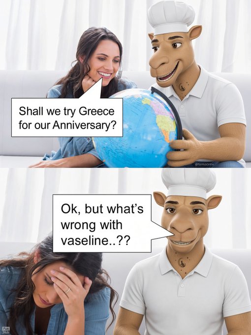 A two-panel meme features a woman and a humanoid figure in a chef hat, where the figure's joke about 'vaseline' leaves the woman facepalming in disbelief.