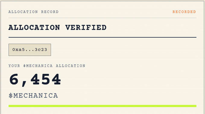 A screenshot of an allocation record displays "ALLOCATION VERIFIED" with the wallet address "0xa5...3c23" and confirms a $MECHANICA airdrop allocation of 6,454 tokens, matching the user's claim of receiving "6K+ tokens" in the post.