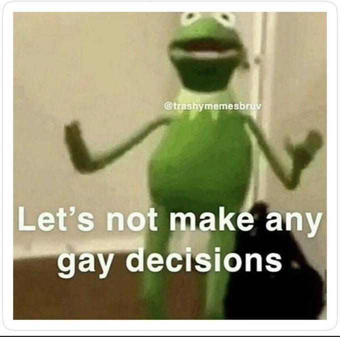 A blurry image of Kermit the Frog with text reading "Let's not make any gay decisions." The meme humorously relates to the post, with Kermit's caution to avoid impulsive "gay" decisions mirroring the playful warning not to rashly hit the HEX sell button.