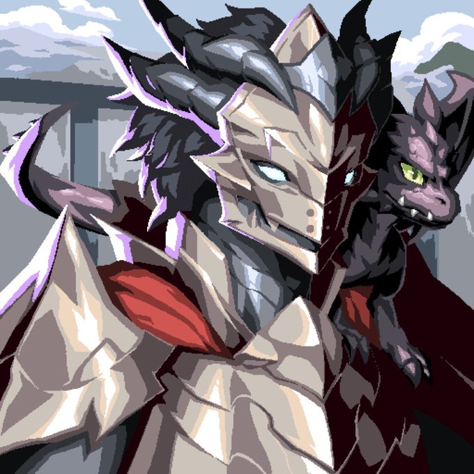Digital fan art depicting a dark-haired armored knight with glowing blue eyes standing alongside a small purple dragon with green eyes.