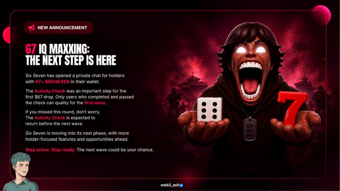 A dramatic promotional announcement for "67 IQ MAXXING: THE NEXT STEP IS HERE" features a screaming hooded figure holding a die and a "67" emblem, promoting a private chat for $SIXSEVEN holders and an upcoming $67 drop following the Activity Check, with a cartoon avatar in the corner and "web3_ash" credited at the bottom.