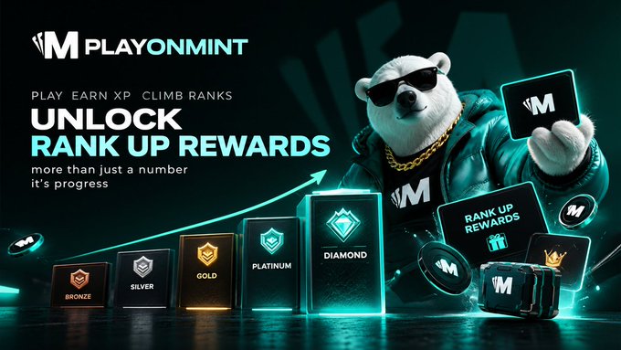 A promotional graphic for "M PLAYONMINT" features a bear mascot in sunglasses and a green jacket, advertising rewards tiers from Bronze to Diamond with the text "UNLOCK RANK UP REWARDS."