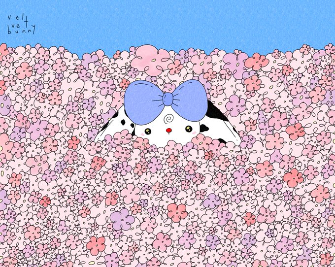 Cute digital illustration of a small black and white character with a large purple bow, surrounded by pink flowers with 'Velt Ivety bunny' written in the corner.
