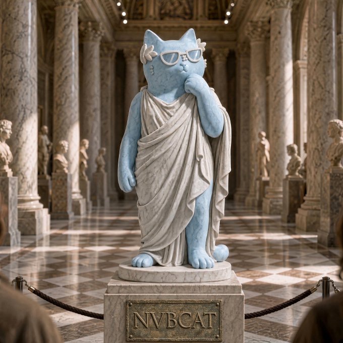A whimsical blue marble statue of a cat wearing sunglasses and a toga stands on a pedestal labeled 'NVBCAT' inside a grand classical hall with columns and busts.