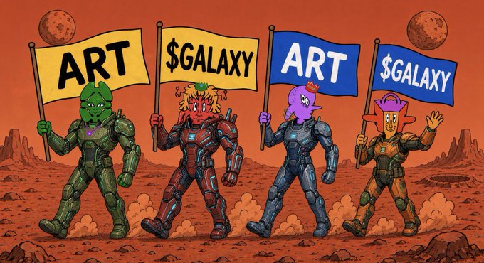 A colorful digital illustration of four armored sci-fi characters marching across a Martian landscape holding yellow and blue flags that read 'ART' and '$GALAXY'.