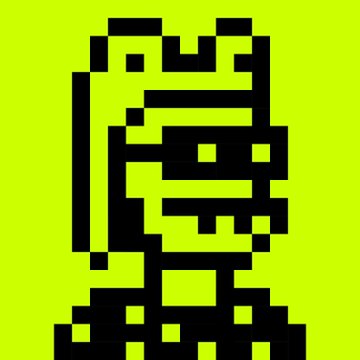 A pixelated black silhouette of a small character or robot set against a bright neon green-yellow background.