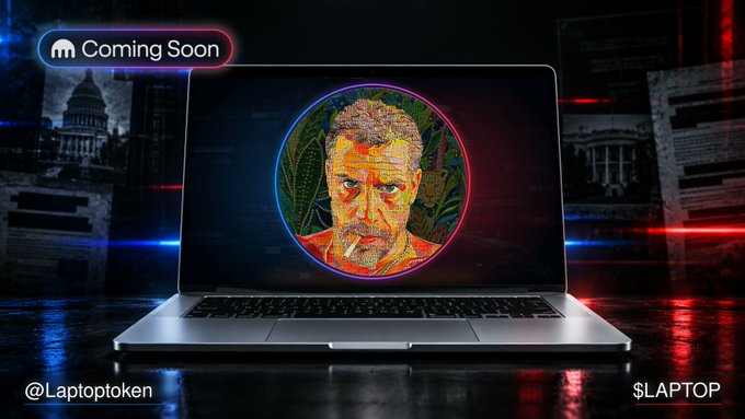 A promotional image for the $LAPTOP token by @Laptoptoken, marked 'Coming Soon', showing a laptop displaying a colorful illustrated portrait of Hunter Biden against a red and blue political-themed background.