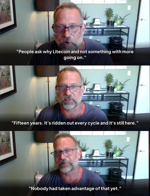 Three-panel video screenshot of a bearded man with glasses discussing cryptocurrency, with subtitles: 'People ask why Litecoin and not something with more going on,' 'Fifteen years. It's ridden out every cycle and it's still here,' and 'Nobody had taken advantage of that yet.'