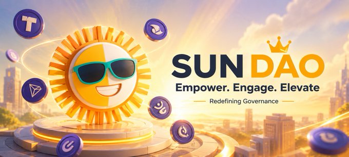 A cartoon sun mascot wearing sunglasses stands on a podium surrounded by floating cryptocurrency coin icons, with the text "SUN DAO - Empower. Engage. Elevate - Redefining Governance" displayed against a golden sunset cityscape. The vibrant, community-focused branding complements the post's message about SUN.io's role in expanding liquidity and driving DeFi innovation across the TRON network.