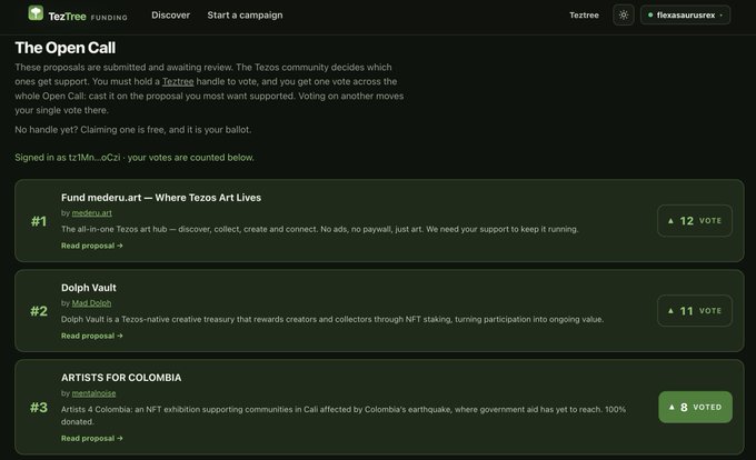 A screenshot of the 'TezTree Funding' Open Call page shows three ranked proposals: 'Fund medenu.art' (#1, 12 votes), 'Dolph Vault' (#2, 11 votes), and 'ARTISTS FOR COLOMBIA' (#3, 8 votes).