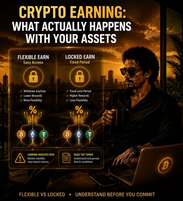 An infographic titled 'CRYPTO EARNING: WHAT ACTUALLY HAPPENS WITH YOUR ASSETS' compares 'FLEXIBLE EARN' (Easy Access, Withdraw Anytime, Lower Rewards, More Flexibility) and 'LOCKED EARN' (Fixed Period, Fixed Lock Period, Higher Rewards, Less Flexibility), with disclaimers noting 'EARNING INVOLVES RISK' and 'READ THE TERMS'. A man with sunglasses sits with a laptop displaying a Bitcoin logo.