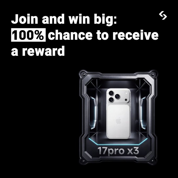 A promotional graphic with a black background featuring the text "Join and win big: 100% chance to receive a reward" alongside an image of an iPhone 17 Pro displayed in a futuristic metallic frame, with "17pro x3" labeled below indicating three devices are available as prizes. The sleek design reinforces the post's message guaranteeing a reward, with the iPhone 17 Pro serving as the standout prize.