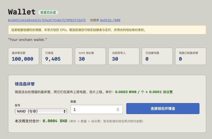 A screenshot of a crypto minting interface for "Wallet" (0x36EE1451...) on tapeout.net, showing 9,405 total mints, 30 current holders, and 100,000 total supply, with options to mint NAND (与非) chips at 0.0003 BNB each—corroborating the user's claim of 9,405 mints after an hour of activity.