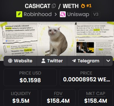 The image shows a token tracker page for CASHCAT (♀/WETH pair) on Robinhood via Uniswap V3, displaying key metrics including a price of $0.1598, liquidity of $9.5M, and a market cap of $158.4M. The humorous headline overlay depicts a cat standing beside news articles about "Bubblefish" memes and SEC regulation, visually reinforcing the post's tongue-in-cheek tone about buying the dip amid memecoin FUD despite uncertainty.
