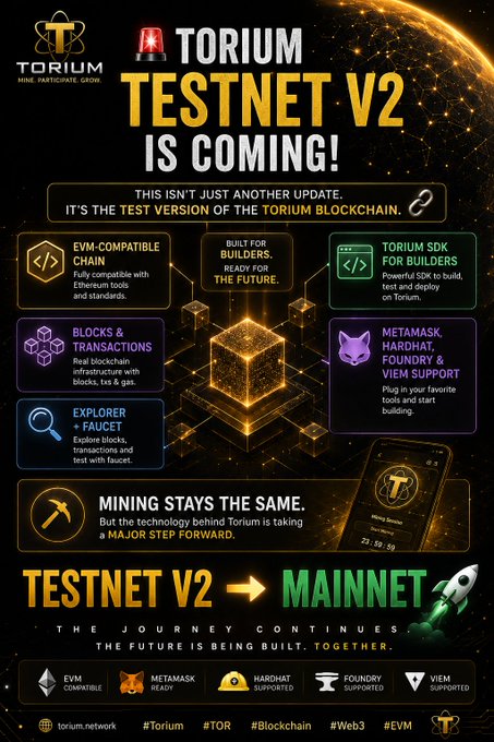 Promotional graphic for "Torium Testnet V2" featuring a dark space-themed design with gold cube accents, announcing the test version of the Torium Blockchain with EVM-compatible chain, blocks & transactions, explorer+faucet, Torium SDK, and support for MetaMask, Hardhat, Foundry, and viem, with a progression arrow from "TESTNET V2" to "MAINTNET" and tagged with #Torium, #TOR, #Blockchain, #Web3, and #EVM.