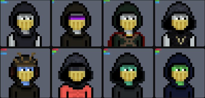 Eight pixel-art character portraits arranged in two rows, each wearing dark hooded outfits and masks with varying colorful accents.