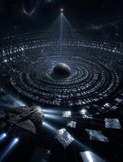 A digital rendering of a Dyson Swarm, depicting concentric rings of solar panels and spacecraft orbiting a dark planet, illuminated by a distant star in space.