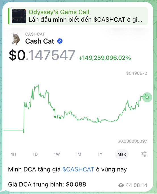 A screenshot of a crypto tracker showing 'Cash Cat' ($CASHCAT) at $0.147547 with a +149,259,096.02% gain, featuring a price chart and Vietnamese text about DCA investing at this range.