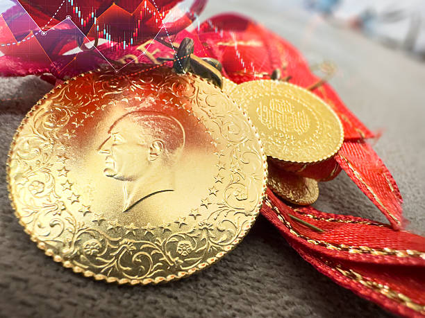 Gold commemorative coins featuring Mustafa Kemal Atatürk's profile rest beside a decorative red ribbon and faceted crystal, visually evoking the post's promotion of a GRAM ALTIN (gold price) trading roadmap shared on Telegram.