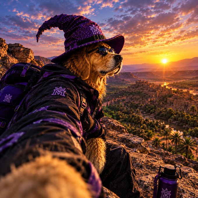 A stylized image of a golden retriever dressed in purple wizard attire with a star-patterned hat and a 'M' logo backpack, taking a selfie while overlooking a desert oasis at sunset.