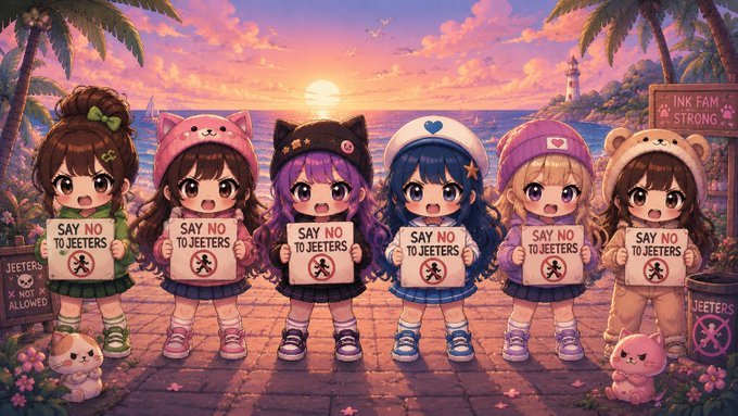 A vibrant anime-style illustration of six chibi characters in animal hats holding 'SAY NO TO JEETERS' protest signs at a sunset beach, with text reading 'INK FAM STRONG' and 'JEETERS NOT ALLOWED'.