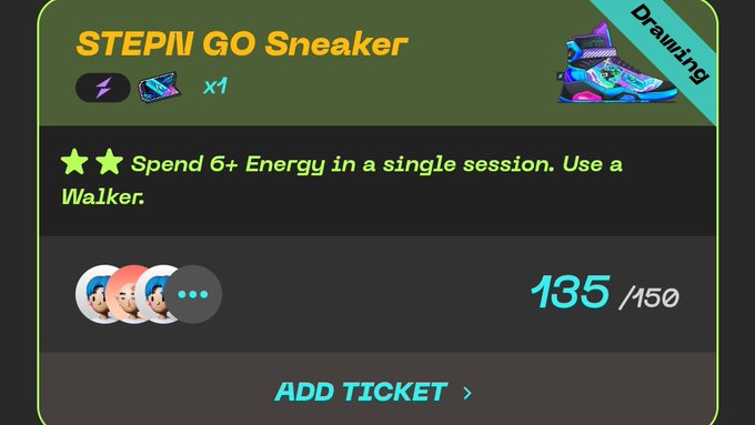 The image shows a screenshot of an online shopping page for sneakers, specifically a sneaker drawing app called "Stepnip Go Sneaker". The screen displays information about the app's features and benefits, such as the ability to draw sneakers using the app or add tickets to purchase them. There is also a list of available sneakers on display with their respective prices.
