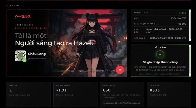 A dashboard for 'THẺ GTD' featuring anime-style character artwork with the text 'Tôi là một Người sáng tạo ra Hazel' and various statistics like 'BÀI VIẾT 1' and 'HỆ SỐ NHÂN x1,01'.