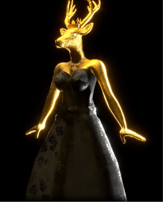 A 3D rendered figure of a deer-headed humanoid wearing a black elegant dress, with its body glowing in gold against a black background.