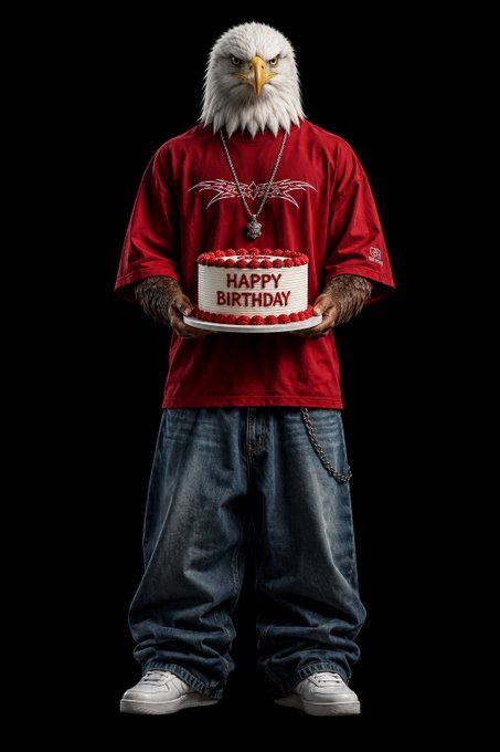 An anthropomorphic bald eagle wearing a red t-shirt, baggy jeans, a chain, and white sneakers holds a 'HAPPY BIRTHDAY' cake.