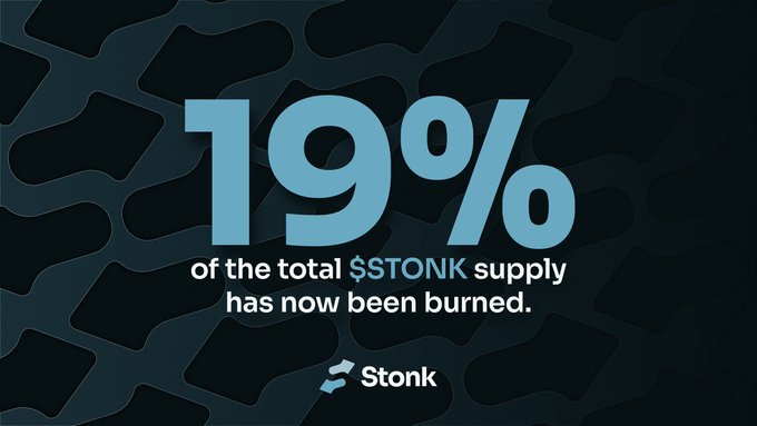 A graphic with a dark teal background displays large light-blue text reading "19% of the total $STONK supply has now been burned," with the "STONK" ticker highlighted in blue, alongside the Stonk logo at the bottom.