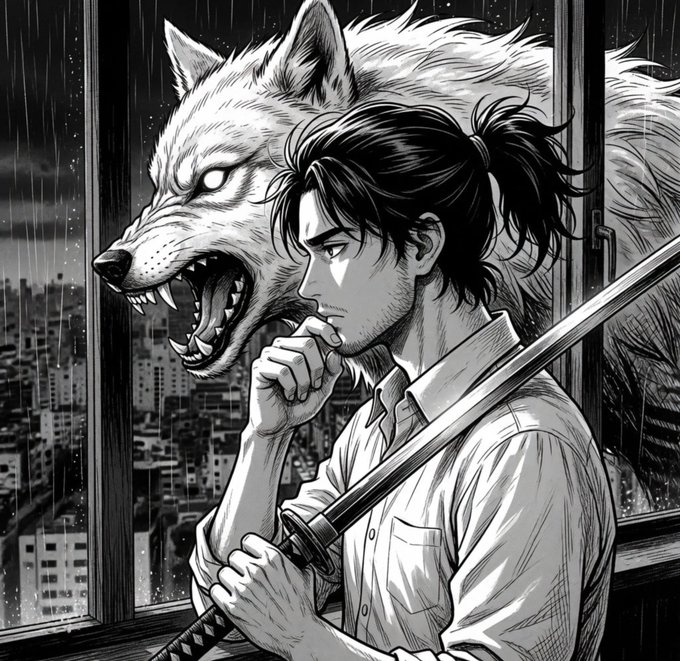 A black-and-white manga-style illustration of a man holding a katana while a snarling wolf appears behind him, set against a rainy cityscape viewed through a window.