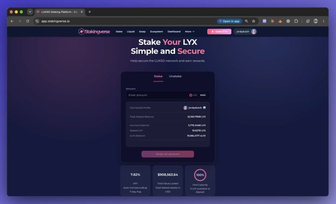 A screenshot of the LUKSO Staking Platform at app.stakingverse.io displaying the 'Stake Your LYX Simple and Secure' interface for the 'joelytuebai' account with a Total Staked Balance of 22,163.7908 LYX, Account Balance of 8,775.3488 LYX, Staked LYX of 10.0278 LYX, and a 6.7% Balance.