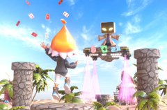 Playful digital illustration of a Minecraft-style character on a floating island with a wizard figure, set against a bright sky.