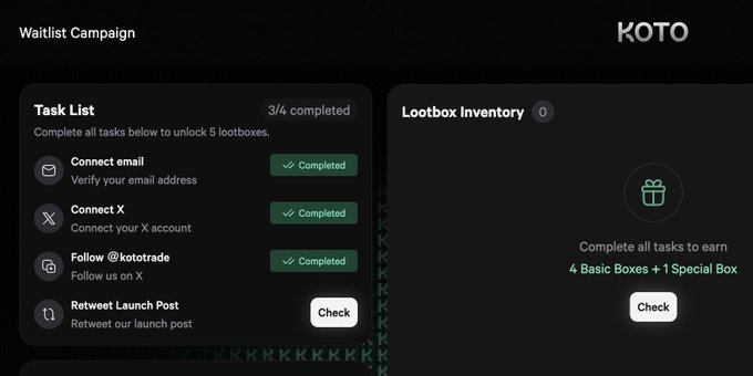 A dark-themed dashboard for the "KOTO Waitlist Campaign" showing a Task List with 3/4 tasks completed (Connect email, Connect X, and Follow @kototrade), while "Retweet Launch Post" remains unchecked, alongside a Lootbox Inventory section indicating that completing all tasks will earn 4 Basic Boxes and 1 Special Box. This aligns with the post's emphasis on KOTO's integration of market signals and trading in one place within the GRVT ecosystem, as the campaign promotes user onboarding to its platform.