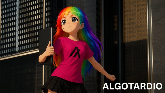 An anime-style character with long rainbow-colored hair wearing a pink t-shirt with an "A" logo and a black skirt, holding a laptop against an urban backdrop with the text "ALGOTARDIO" in the corner.