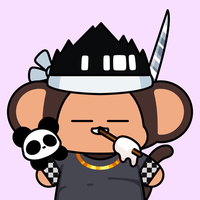 A cartoon monkey chimp NFT with a samurai helmet, feather, and checkered shoulder patches holds a small panda plush and bites its finger while standing against a pink background, accompanying a sale announcement for "Ninatsu" NFT for 0.5300 WETH (~$1,019).