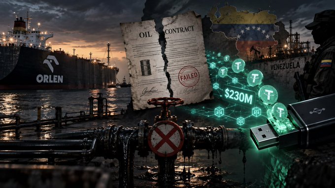 A collage-style news graphic showing an 'ORLEN' tanker ship, a torn 'OIL CONTRACT' marked 'FAILED', a Venezuela map, and a pipeline with a red X valve alongside a Tether (₮) icon network showing '$230M'.