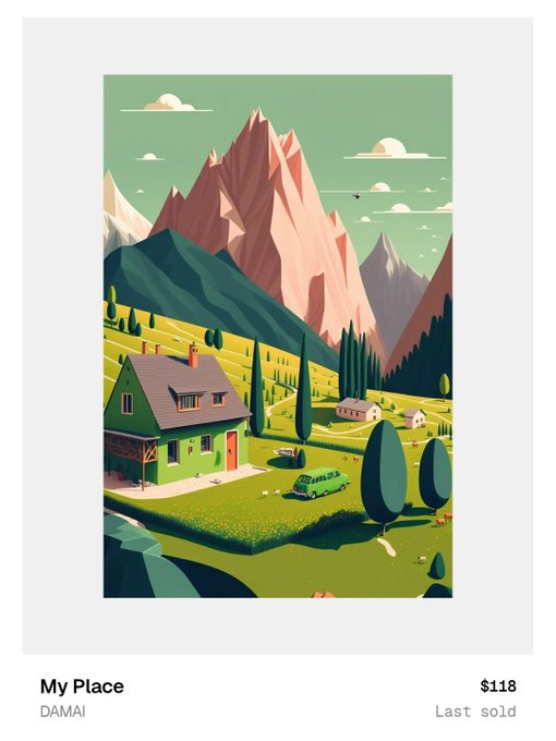 An art print titled 'My Place' by DAMAI, priced at $118 (last sold), showing an illustrated mountain landscape with a green house and car.