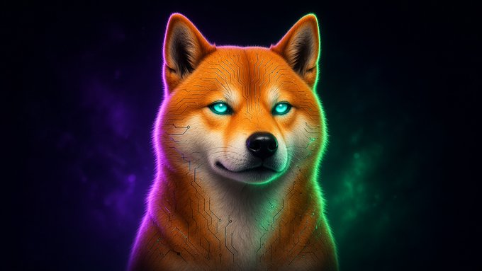 A digital illustration of a Shiba Inu dog with glowing cyan eyes and circuit board patterns on its fur, set against a dark background with purple and green accents.