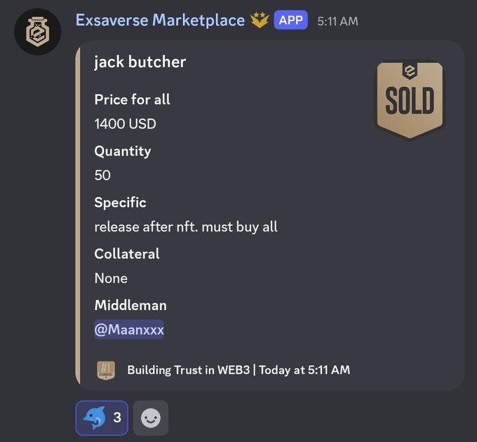 A Discord screenshot from the Exsaverse Marketplace app showing a SOLD listing for 'jack butcher' at 1400 USD for a quantity of 50, with middleman @Maanxxx, posted in the 'Building Trust in WEB3' channel.