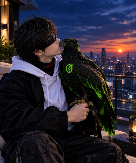 A person with dark hair and sunglasses kissing a large black bird with glowing green accents on its feathers, set against a sunset city skyline backdrop.