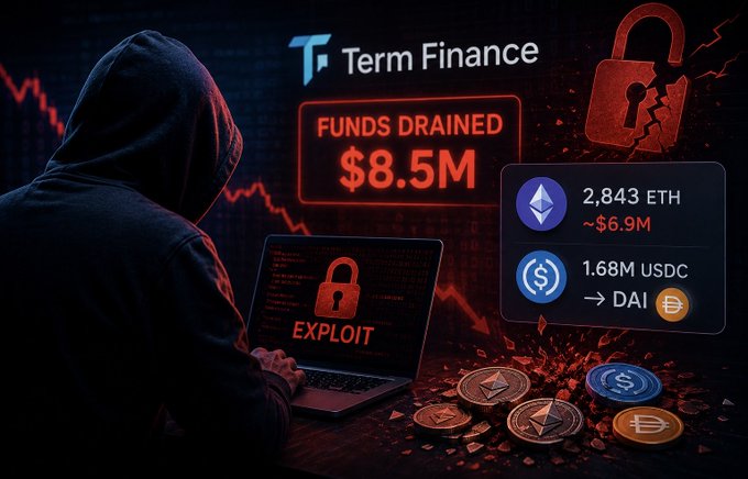 A news graphic about Term Finance being hacked, showing 'FUNDS DRAINED $8.5M' with 2,843 ETH (~$6.9M) and 1.68M USDC converted to DAI stolen in the exploit.